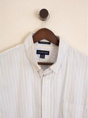 Lands’ End No Iron Supima Pinpoint Dress Shirt – Blue Yellow Stripe